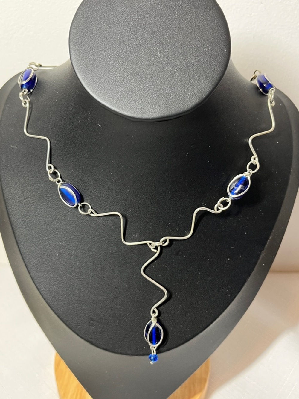 Unique Link Station Necklace Drop Pendant
Silver Tone Blue Oval Glass 
Whimsical